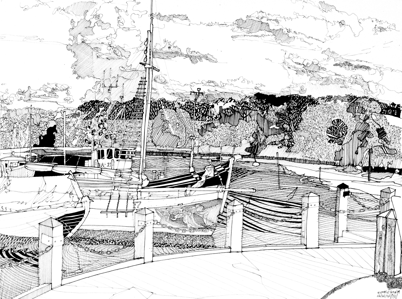 1400x1041 Textured Drawings - Harbour Drawing