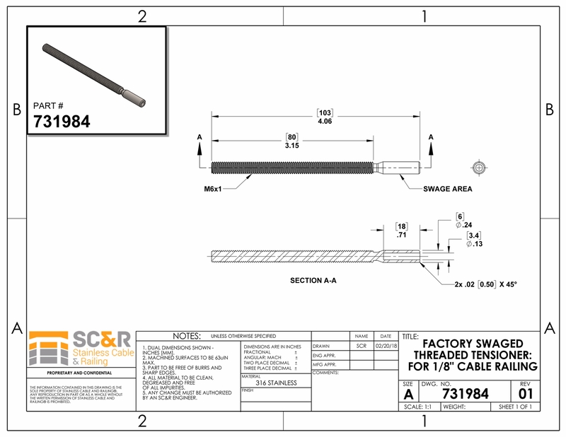 800x618 Factory Swaged Threaded Tensioner For Cable Deck Railing Systems - Hardware Drawing