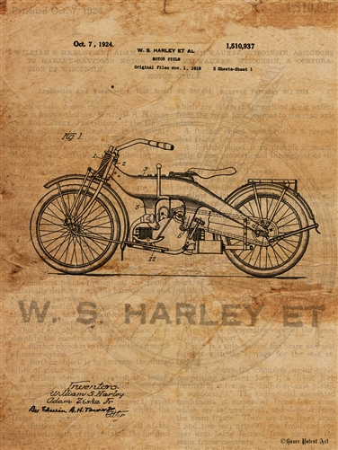 376x501 Vintage Patent Drawing Art Of Old Harley Davidson Motorcycle - Harley Davidson Motorcycle Drawing