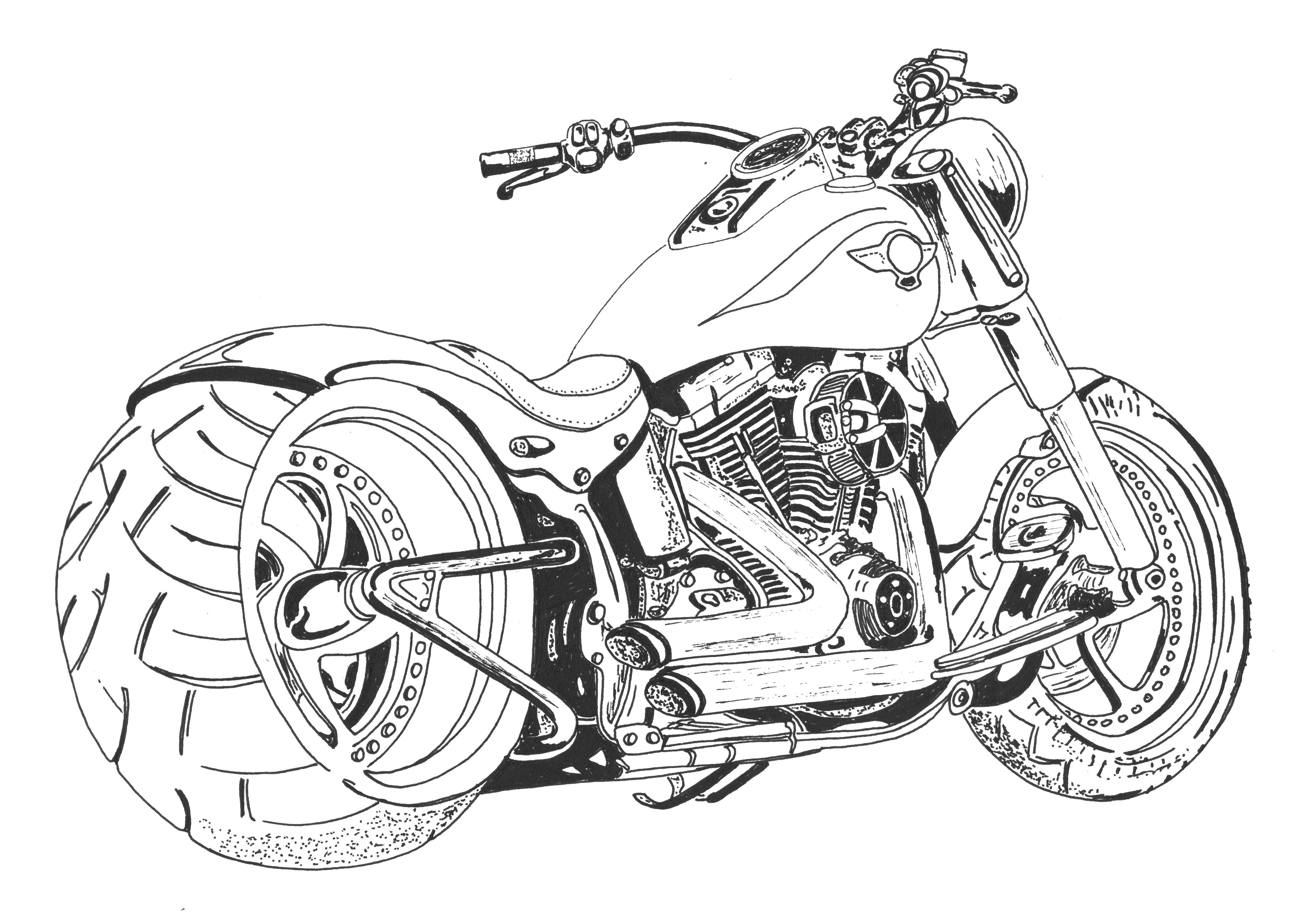 3990x2856 pen and ink drawing of a harley davidson fatboy, done using - Harley Motorcycle Drawing