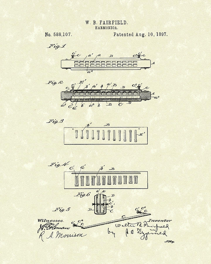 720x900 Harmonica Fairfield Patent Art Drawing - Harmonica Drawing