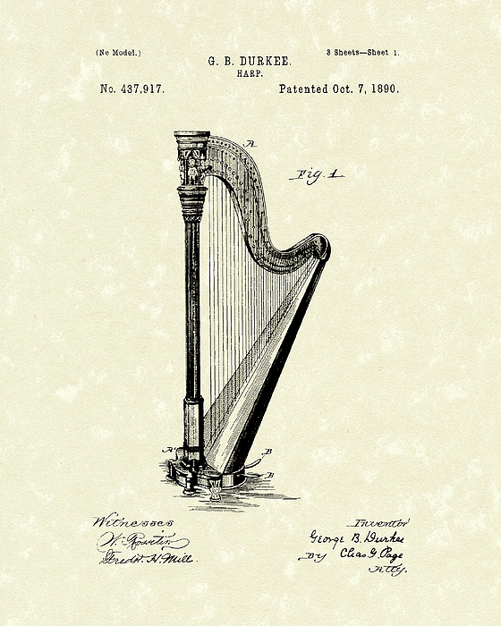 560x700 Harp Patent Art Drawing - Harp Drawing