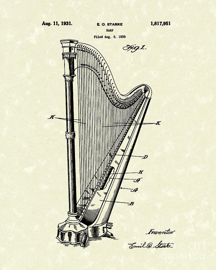 720x900 Harp Patent Art Drawing - Harp Drawing