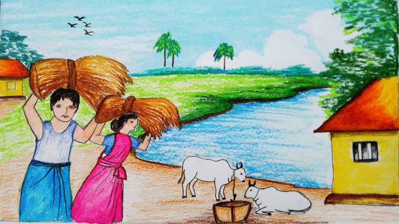 1280x720 how to draw a village landscape where farmers harvesting paddy - Harvest Drawing