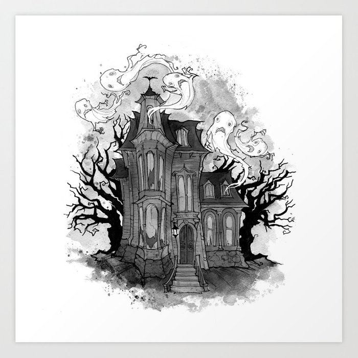 700x700 Inktober Haunted House Art Print - Haunted Castle Drawing