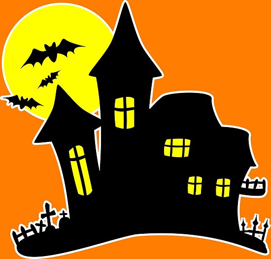 550x524 Haunted Castle Halloween Graphic Scary Cemetery Drawing With Bads - Haunted Castle Drawing