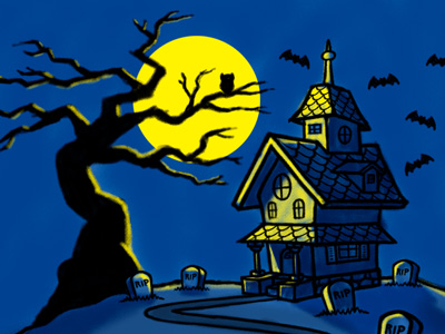 400x300 Haunted House Spooky Tree Cartoon Illustration - Haunted House Cartoon Drawing