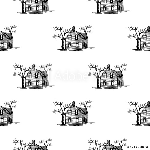 500x500 Halloween Pattern With Spooky Haunted House Drawing Sketch Style - Haunted House Drawing