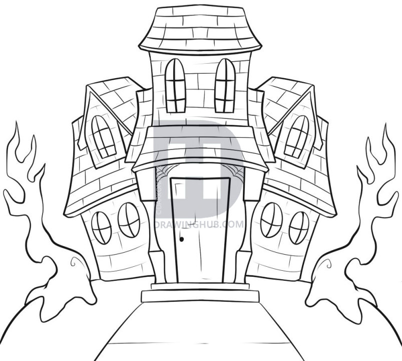 803x720 How To Draw A Haunted House, Step - Haunted House Drawing