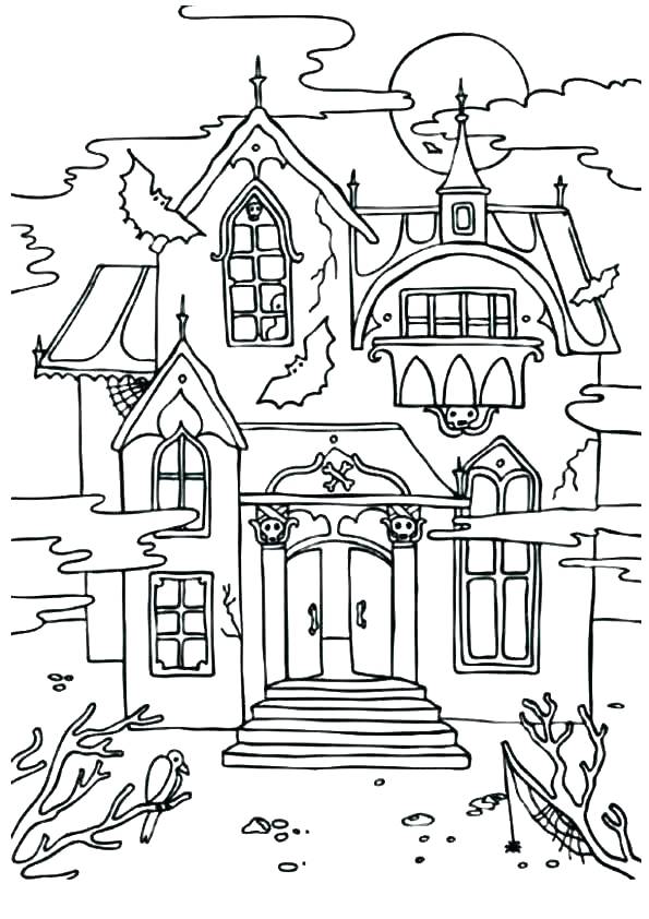 595x842 Haunted House Drawing For Halloween Coloring Pages Colouring - Haunted House Drawing For Halloween