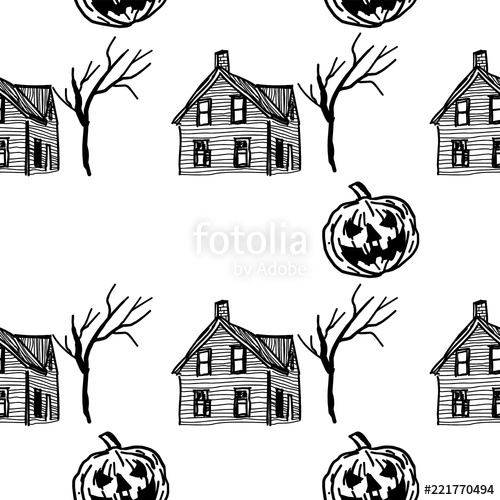500x500 Seamless Hand Drawn Vector Of Halloween Drawing Sketch Style - Haunted House Drawing For Halloween