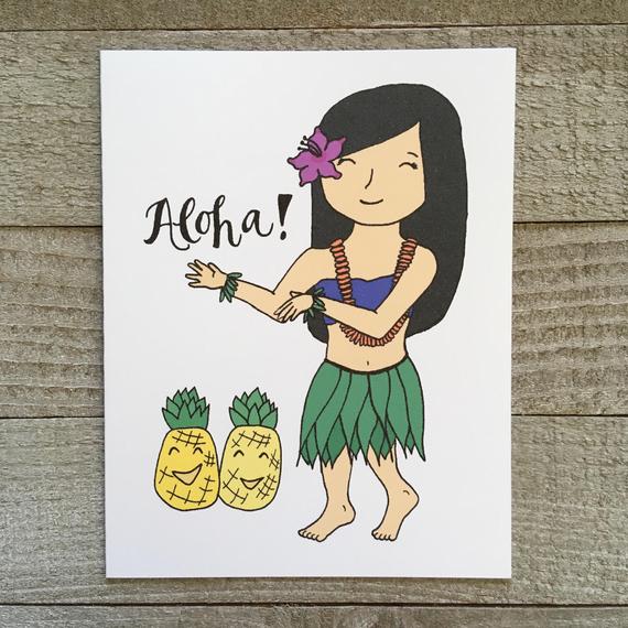 570x570 aloha hawaii card hula dancer girl card hawaiian card blank etsy - Hawaiian Girl Drawing