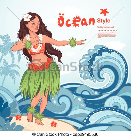 450x470 vector retro style hawaiian beautiful hula girl - Hawaiian Girl Drawing
