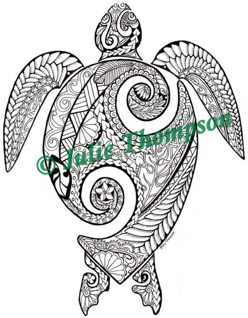 794x1018 Tribal Green Sea Turtle Hand Drawn Coloring - Hawaiian Sea Turtle Drawing