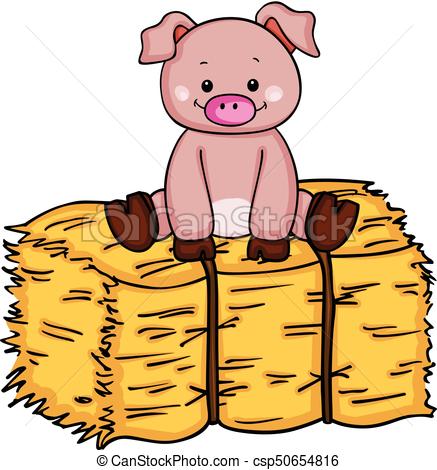 437x470 little pig up on bale of hay scalable vectorial image - Hay Bale Drawing