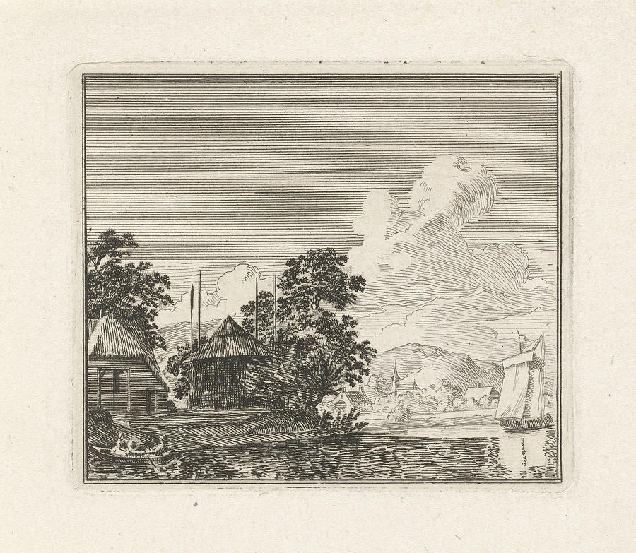 900x783 River View With A Haystack, Print Maker Hendrik Hoogers Drawing - Haystack Drawing