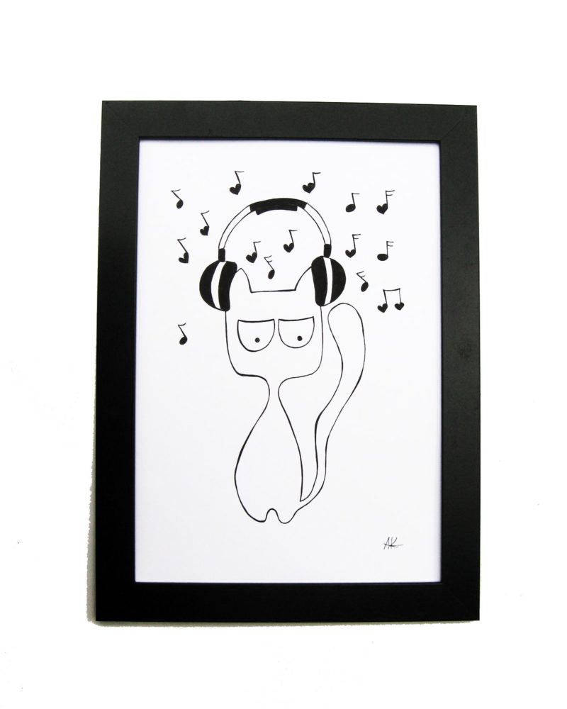 800x1000 drawing handmade musician cat with headphones art and cat - Headphones Drawing