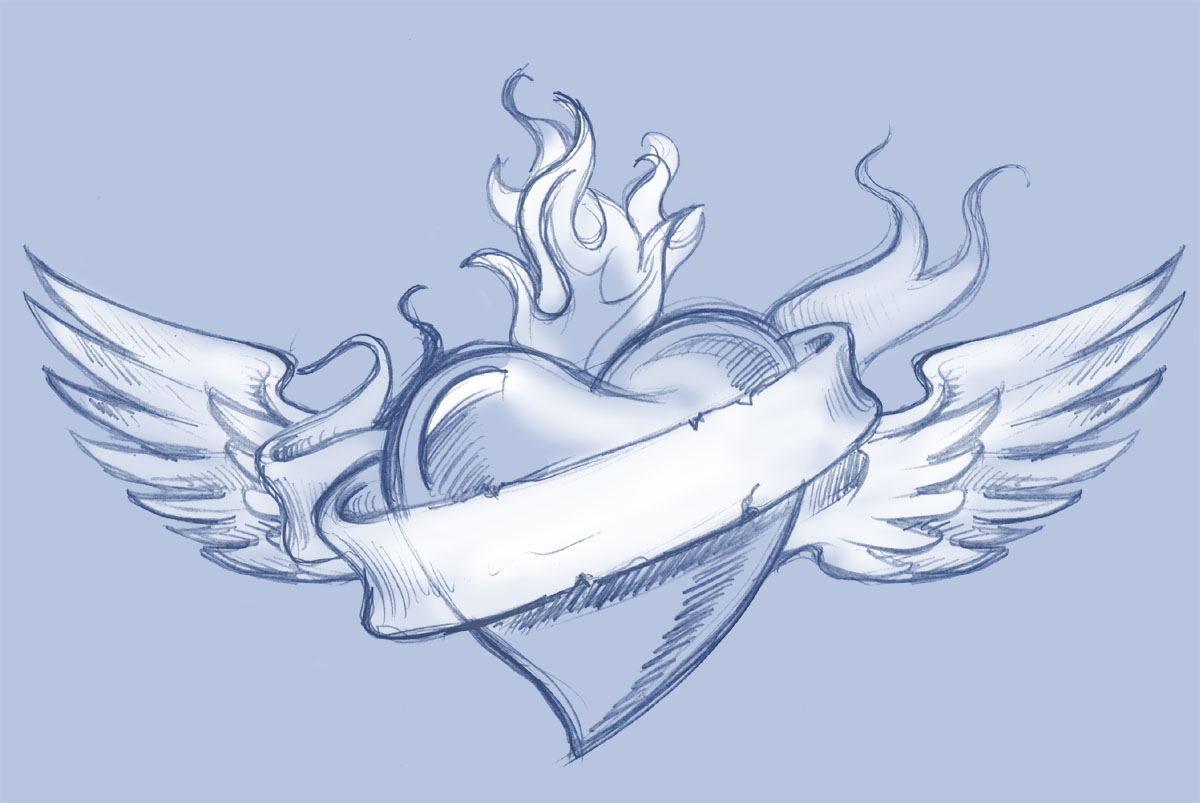 1200x803 Classic Banner And Winged Heart Tattoo Design - Heart And Banner Drawing
