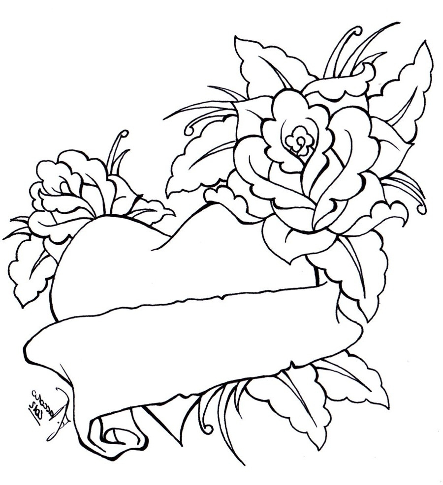 900x987 Coloring Pages With Hearts And Roses - Heart And Banner Drawing