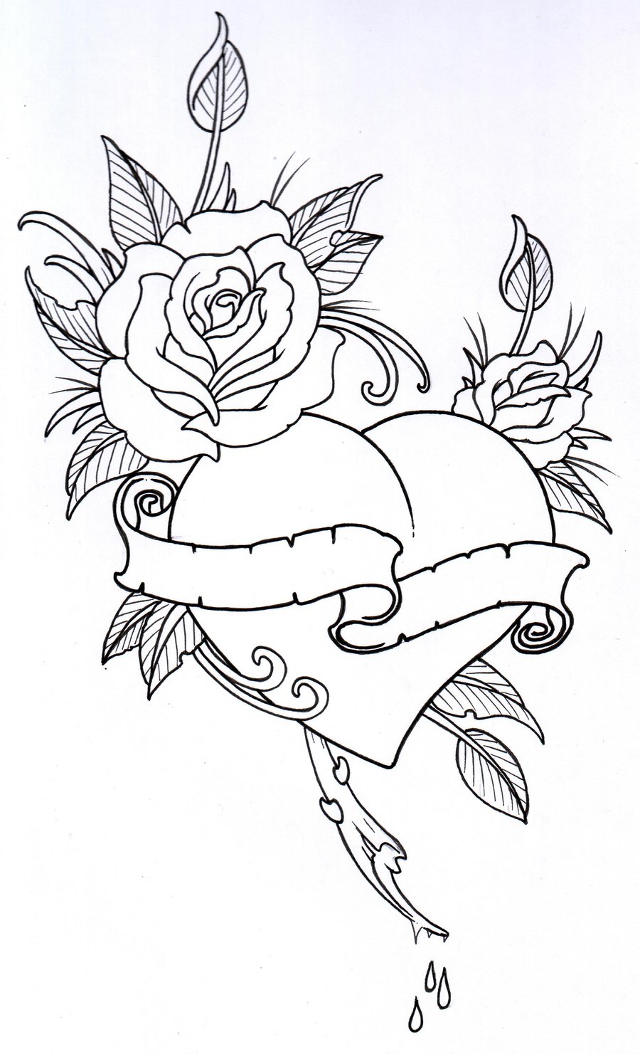 900x1481 Heart Rose Drawing At Com Free For Personal Use H On Skull Banner - Heart And Banner Drawing