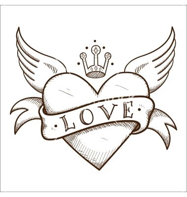 380x400 Heart With Banner And Crown Vector Image On Tattoo Flash Crown - Heart And Banner Drawing