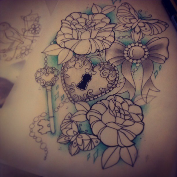 612x612 Roses And Heart Drawing - Heart And Key Drawings