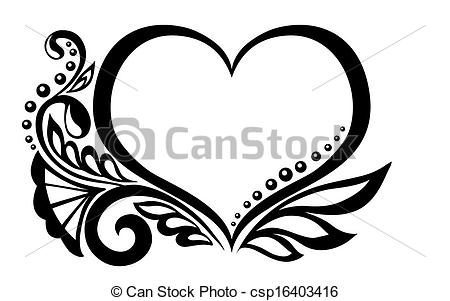 450x301 Black And White Symbol Of A Heart With Floral Design And Butterfly - Heart Black And White Drawing