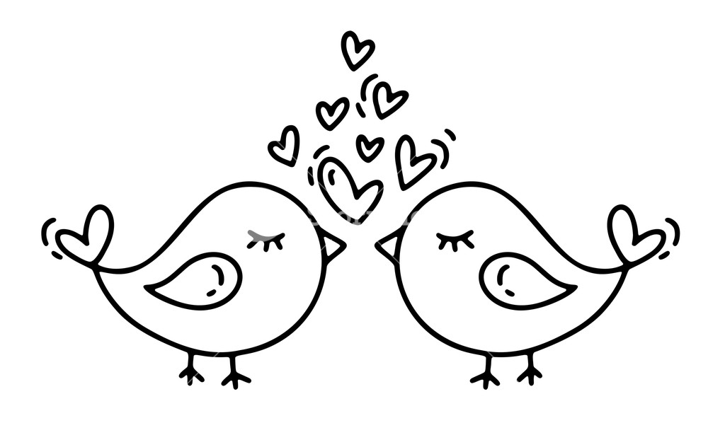 1000x615 Vector Monoline Two Birds With Hearts Valentines Day Hand Drawn - Heart Drawing Vector