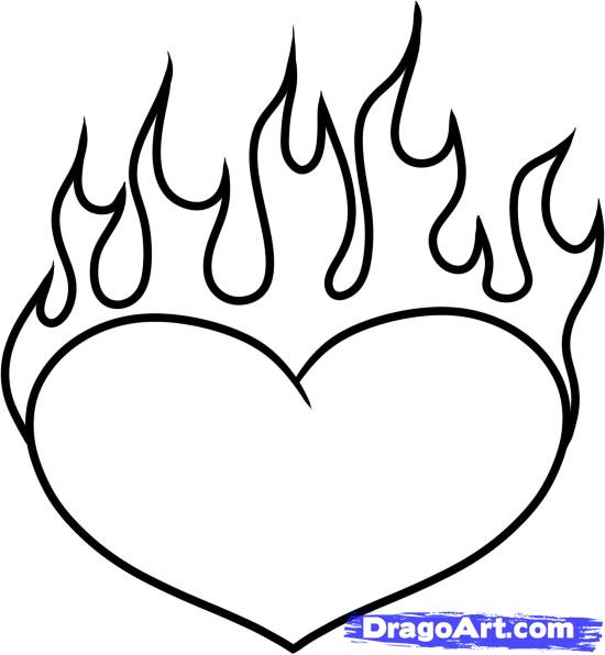550x596 Heart With Flames How To Draw A Heart On Fire Step - Heart Drawings Step By Step