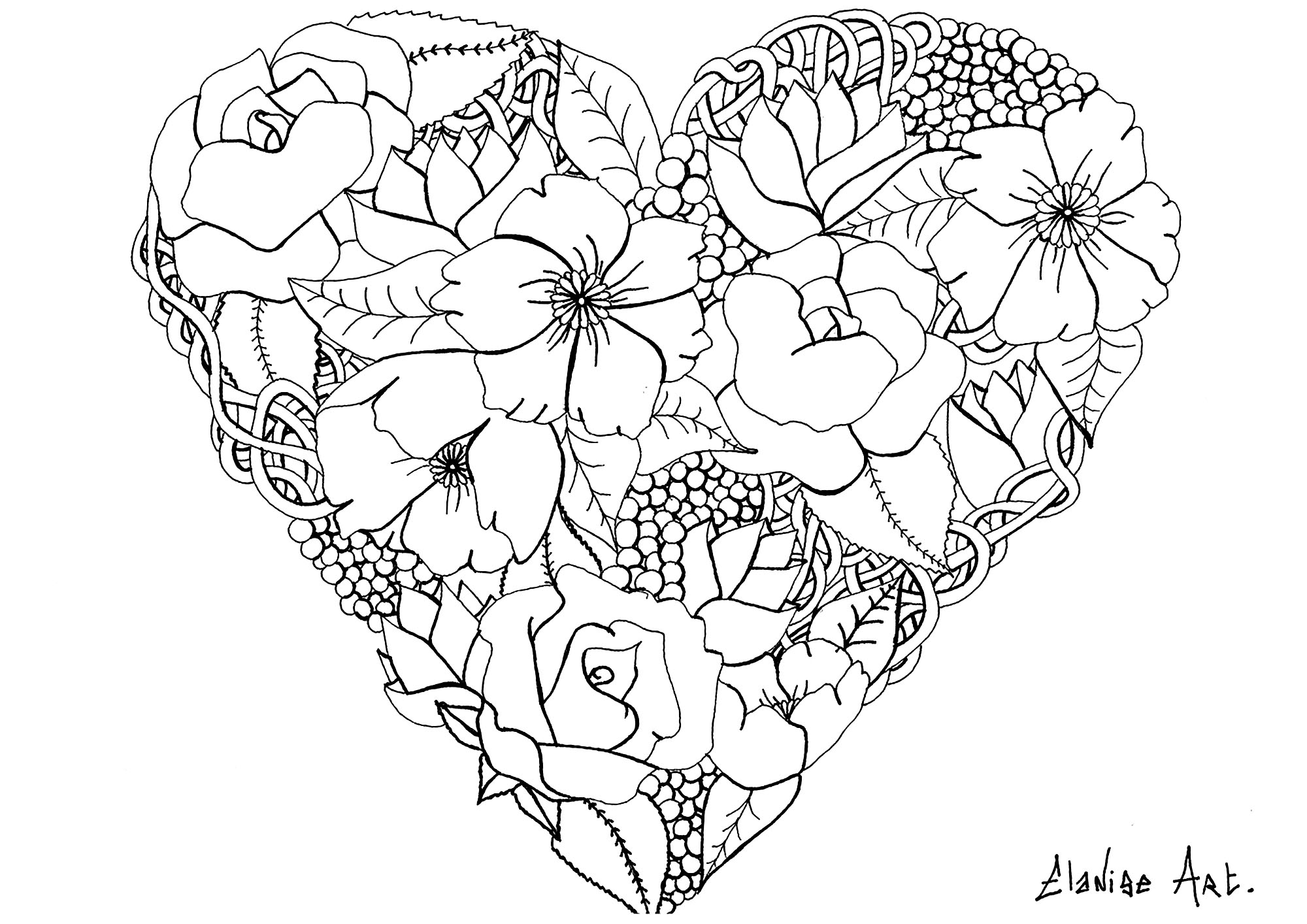 2000x1414 Flowers In A Heart - Heart Flower Drawing