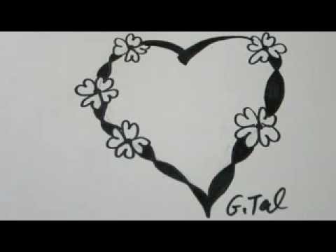 480x360 Draw A Heart,with Flowers And Twisted Ribbon - Heart Flower Drawing