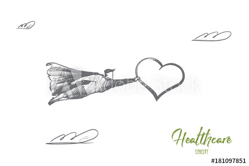 500x334 Healthcare Concept Hand Drawn Superhero With Big Heart In Hand - Heart In Hand Drawing