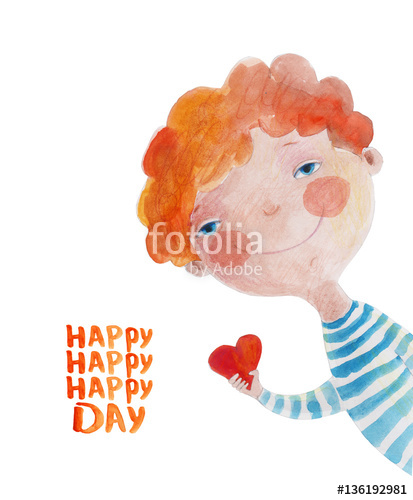 413x500 Red Haired Boy With Heart In Hand Happy Day Hand Drawing - Heart In Hand Drawing