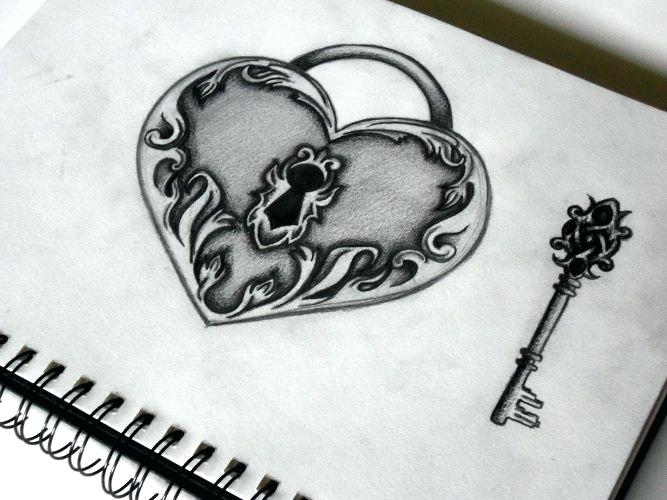 667x500 Hearts With Locks Drawings Of Vintage Heart Lock And Key Broken - Heart Key Drawing