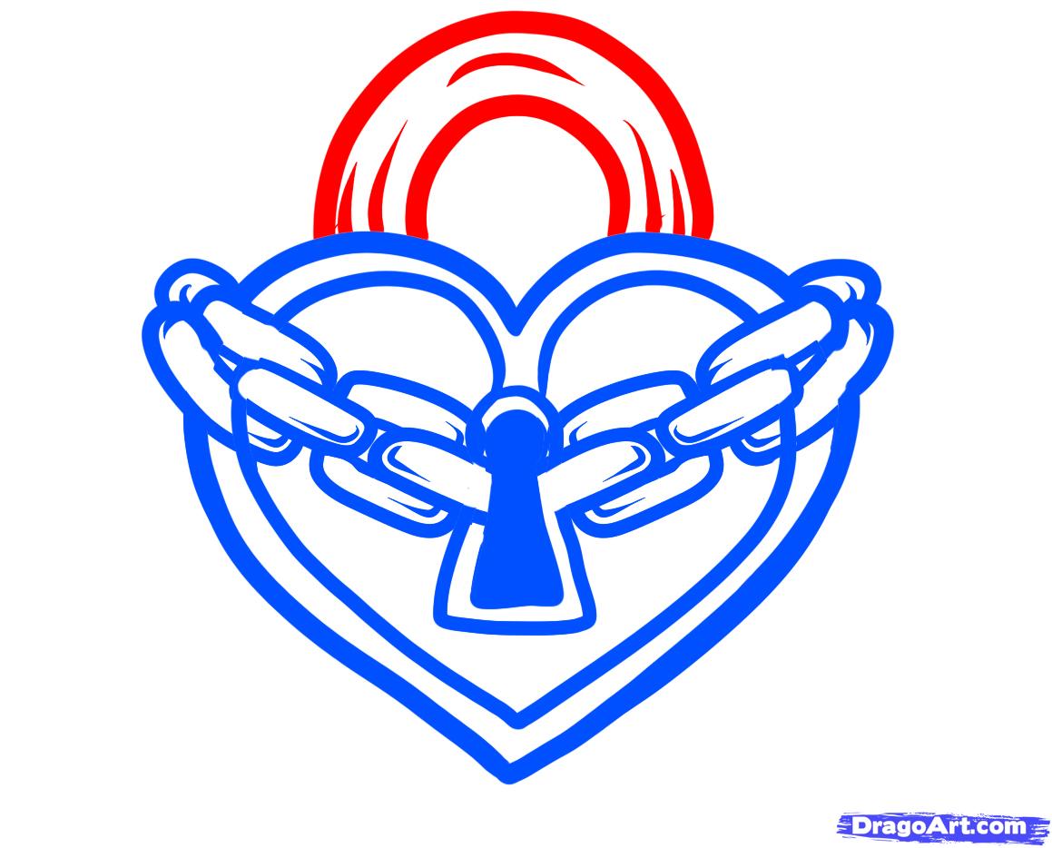 1159x934 How To Draw Heart Lock With A Chain A Pencil Step - Heart Lock And Key Drawings