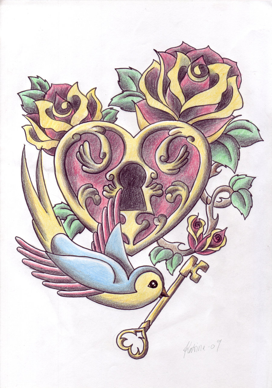 900x1284 Small Blue Bird Heart Lock Key Tattoo - Heart Lock And Key Drawings