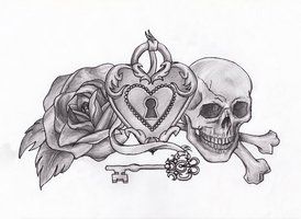 274x200 Rose Skull And Heart Locket With Key Tattoo Sketch Tattoos - Heart Lock And Key Drawings