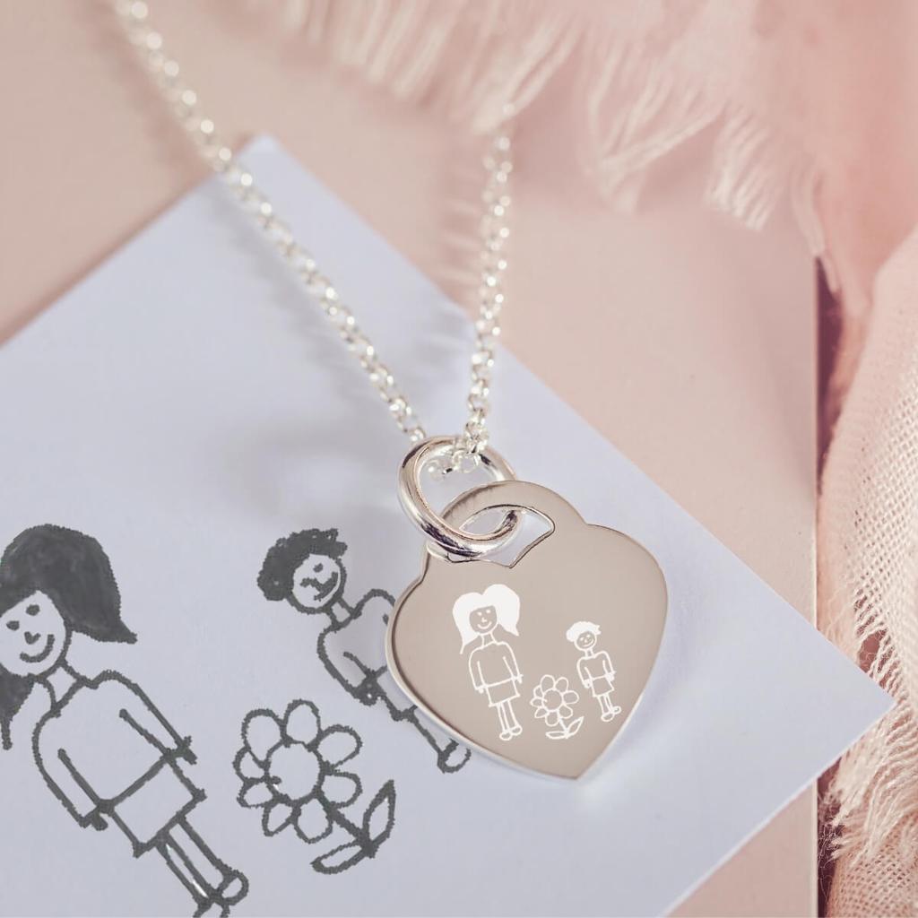 1024x1024 Engraved Childrens Drawing Heart Necklace Hand On Heart Jewellery - Heart Necklace Drawing