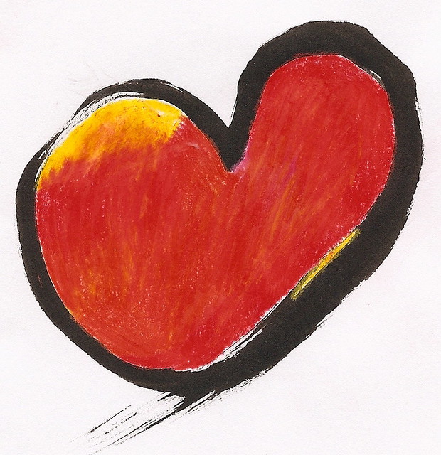 620x640 Heart On Fire Sumi Ink Brush With Color Pencil Drawing Debra - Heart On Fire Drawing