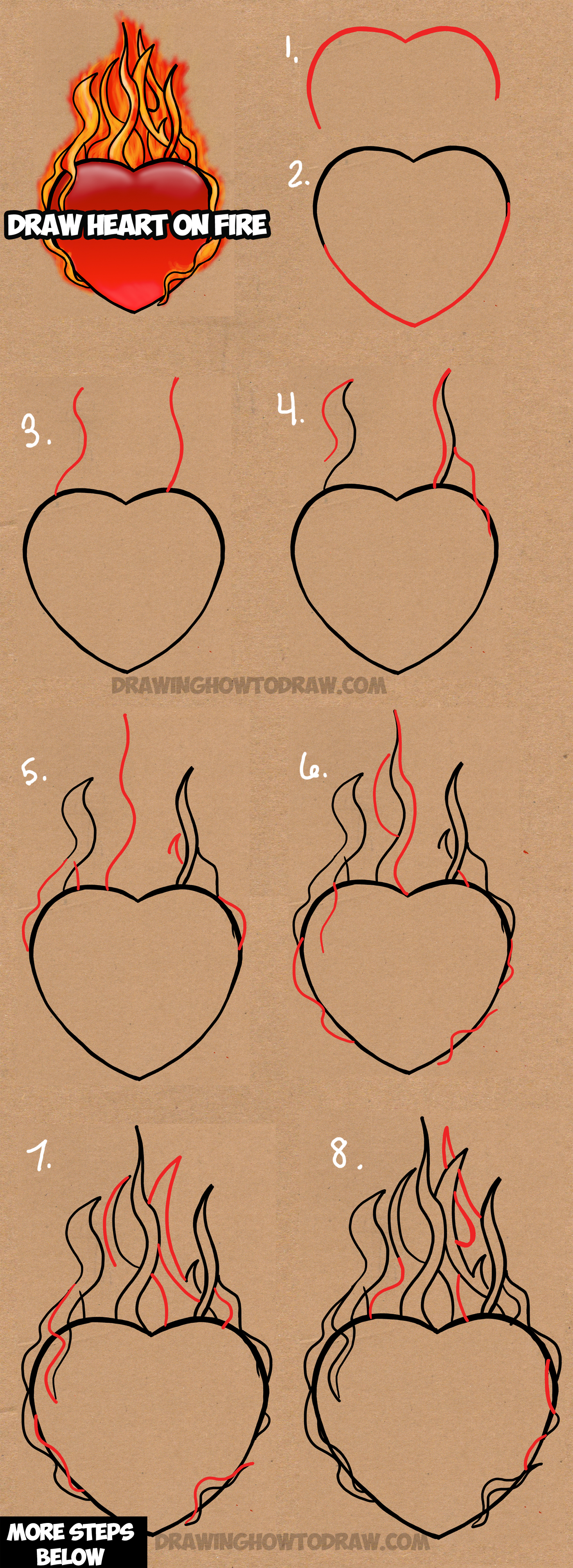 1400x3830 How To Draw A Flaming Heart On Fire With Step - Heart On Fire Drawing
