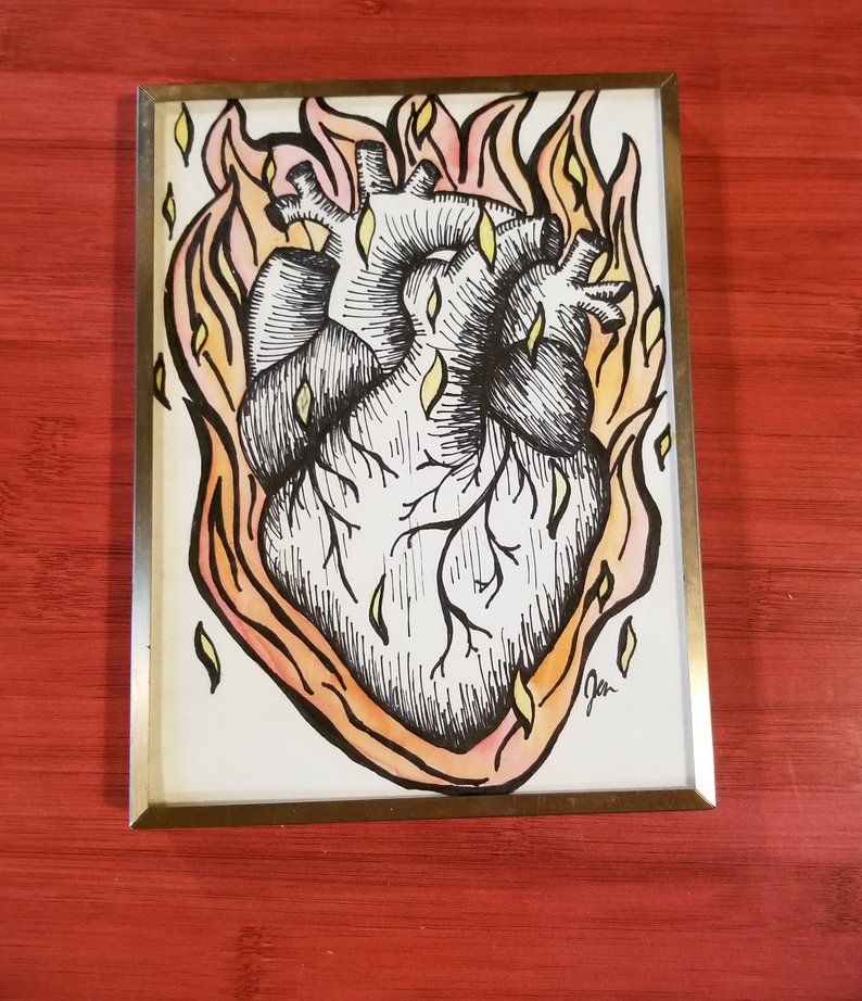 794x922 Set My Heart On Fire Original Drawing W Frame Etsy - Heart On Fire Drawing