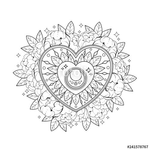 500x500 Heart In Flowers Outline Drawing On A White Background - Heart Outline Drawing