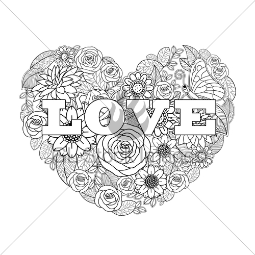 500x500 Valentine's Flower Drawing Heart Shape Black And White Gl Stock - Heart Shape Drawing