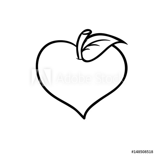 500x500 Heart Shaped Apple With Leaf Line Drawing For Coloring - Heart Shape Line Drawing