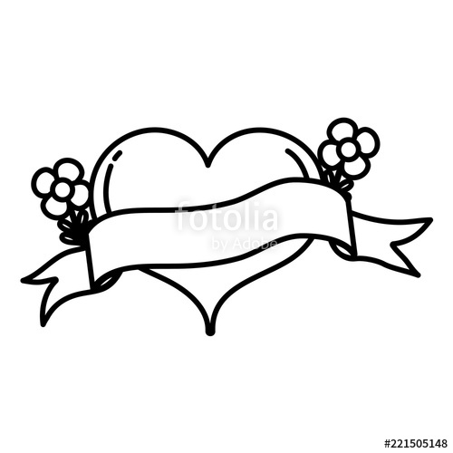 500x500 line heart shape with flowers and ribbon style stock image - Heart Shape Line Drawing