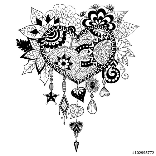 500x500 Heart Shape Floral Dream Catcher For Coloring Book For Adult - Heart Shaped Dream Catcher Drawing