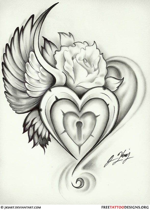 588x821 Damn This Is Beautiful! Wing Heart Lock Rose Tattoo Flash I Would - Heart Tattoo Drawing