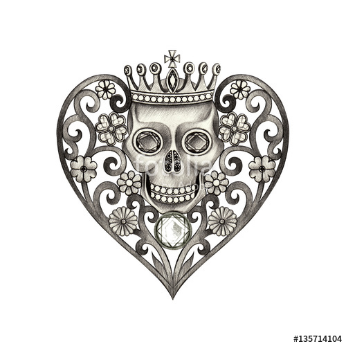 500x500 Skull Heart Tattoo Art Design Skull Mix Heart And Graphic - Heart Tattoo Drawing