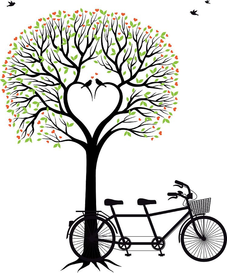 749x900 Heart Tree With Birds And Bicycle Drawing - Heart Tree Drawing