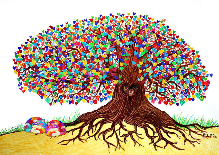 900x640 Two Cats Sleeping Under The Tree Of Hearts Digital Art - Heart Tree Drawing